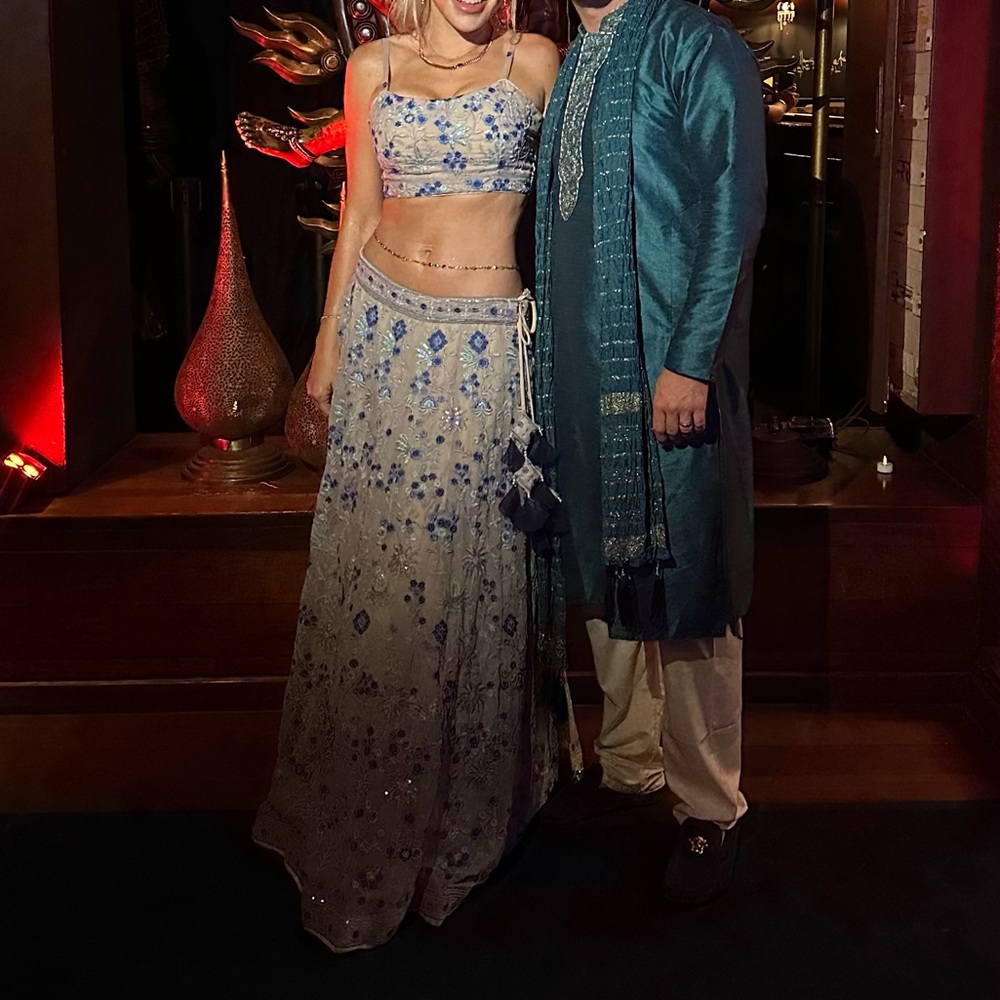 Grey and Blue Indian wedding guest lenhenga